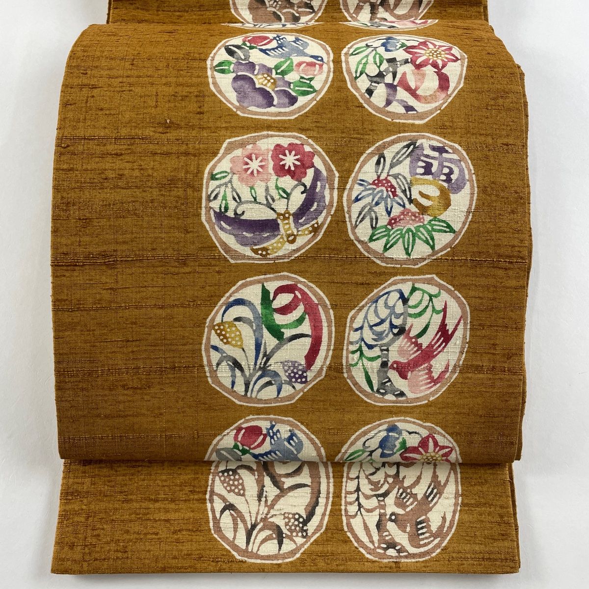 袋帯 秀品 紬地 花鳥風月 山吹茶色 お太鼓柄 正絹 【中古】 - メルカリ