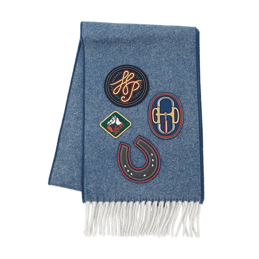 エルメス マフラー カレッジ ワッペン デニム カシミヤ HERMES ストール