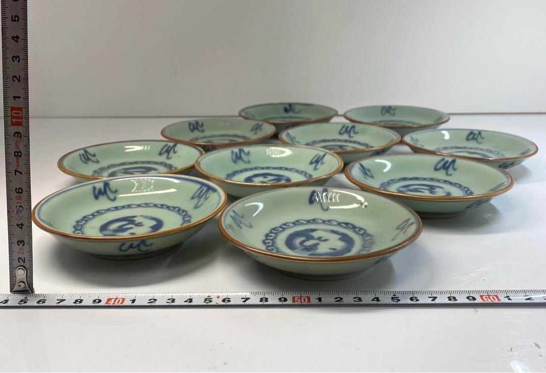 中国美術　萬暦年製　青磁染付龍図皿10枚B　径12.5㎝　東Y6-0412② 中国美術 萬暦年製 青磁染付龍図皿10枚B 径12.5㎝ 東Y6-0412②