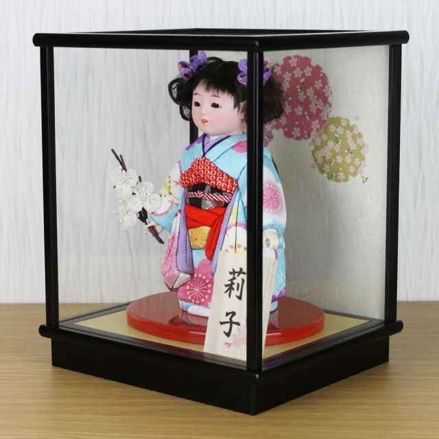 市松人形 木目込み 6号 ガラスケース入り 京染め市松人形(水色)FUKU-R4
