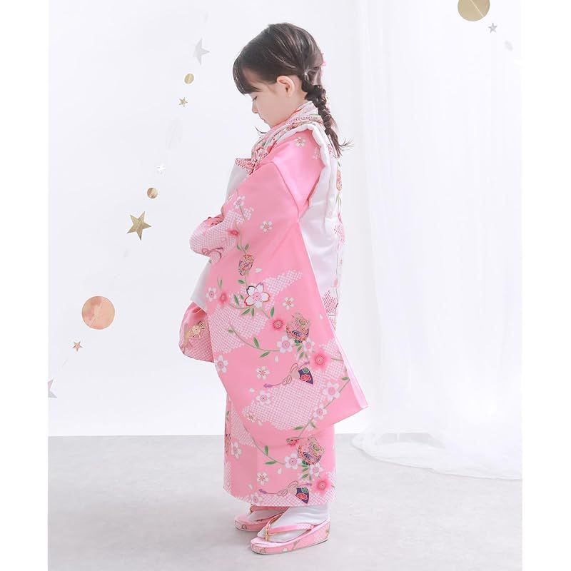 KYOETSU キョウエツ 着物セット 七五三用 3歳用 被布セット 華やかA 9点セット 柄被布 柄着物 伊達衿 長襦袢 髪飾り 巾着 草履 腰紐 足袋 ガールズ 3.桃色桜鞠 1