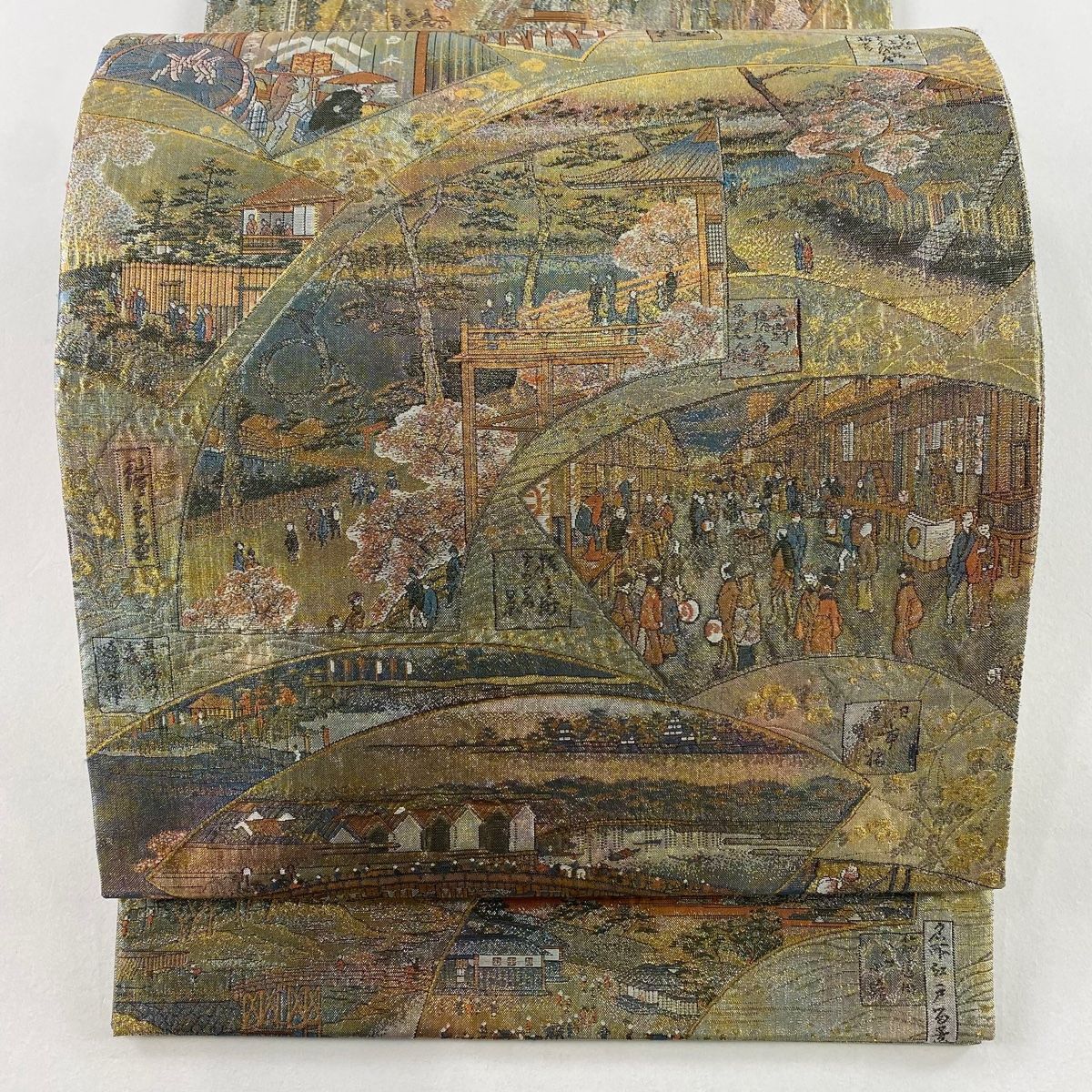 丸帯 名品 名所大江戸百景 リバーシブル 扇面 風景 プラチナ二重箔 金色 全通 正絹