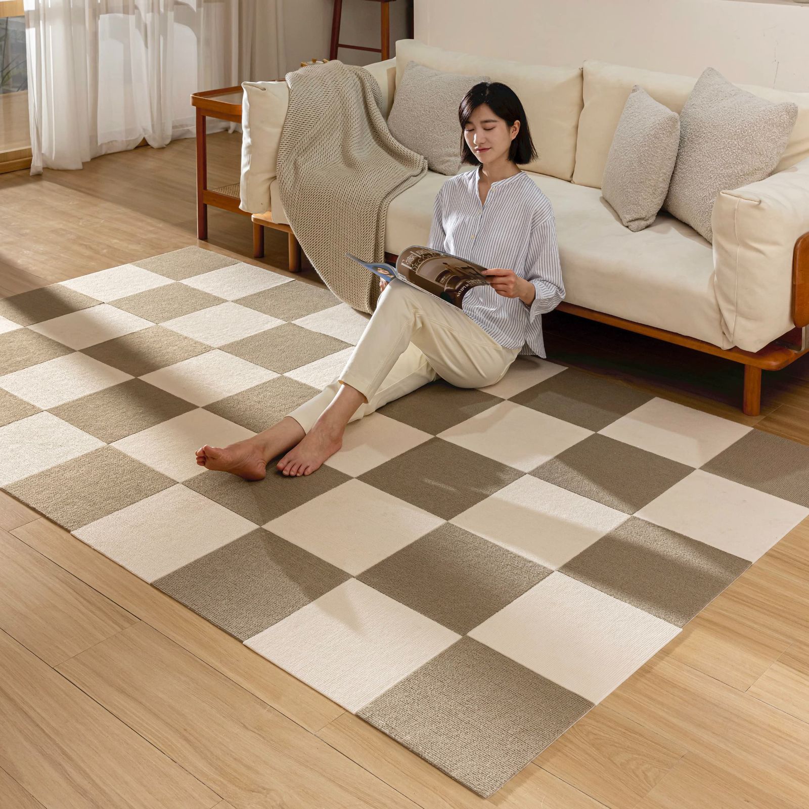 30*30*0.4cm（40枚入り）_モカ*アイボリー SHIEN ジョイントマット 吸着マット タイルマット【30*30*0.4cm 40枚セット】 ズレない めくれない カーペット 防音マット フローリングカーペット 滑りと