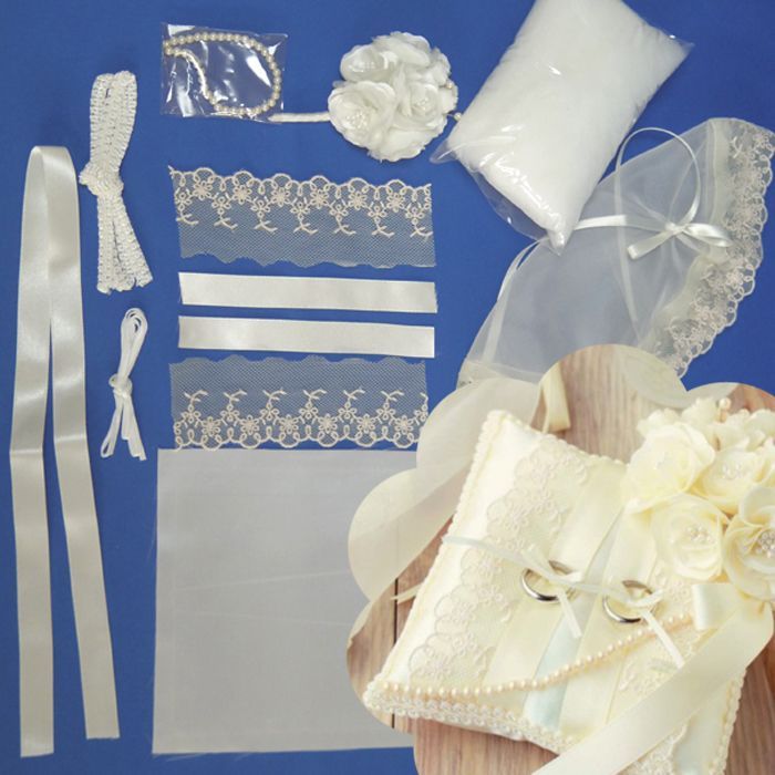 お手軽 ベール付きモッコウバラのリングピロー手作りキット ベール・薔薇は作成済