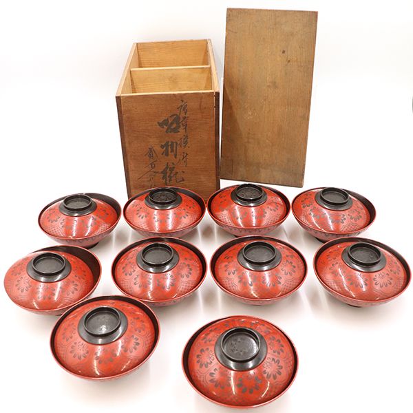 吸物椀 唐草模様 10客セット 共箱 食器 汁椀 ww 5000001801100051
