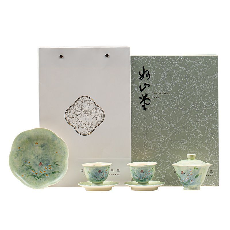 茶具セット 功夫茶 陶器 手描き 文心蘭 蓋碗 カップ 精巧 ギフトボックス付き -25