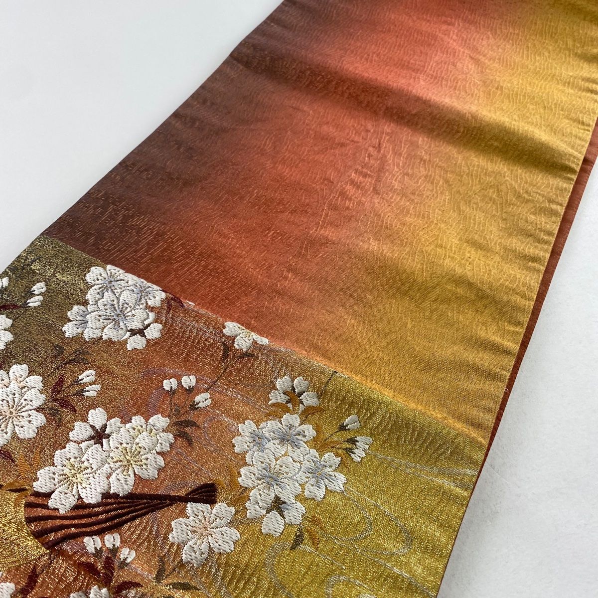 美品】 袋帯 秀品 扇 桜 金糸 箔 オレンジ 六通 正絹 【中古】 - メルカリ