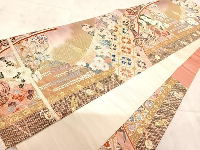 平和屋着物◎六通柄袋帯 唐織 扇鼓菊文 本金箔 正絹 逸品