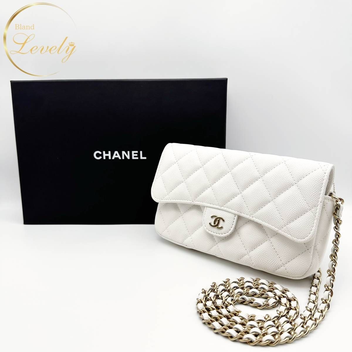 シャネル キャビアスキン チェーンショルダー バッグ フォン ケース ホワイト キャビアスキン シャネル CHANEL マトラッセ フォンケース