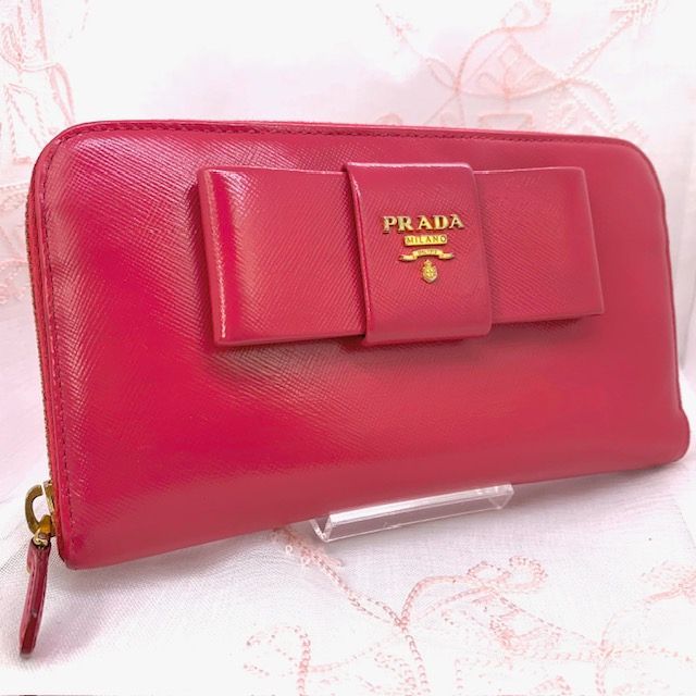 ☆美品☆ PRADA プラダ 長財布 リボン ピンク ラウンドファスナー