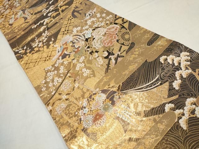唐織　松竹梅　鶴模様　金糸　袋帯　着物　023a p 平和屋着物◎六通柄袋帯 唐織 飛鶴松竹梅 金糸 正絹 逸品