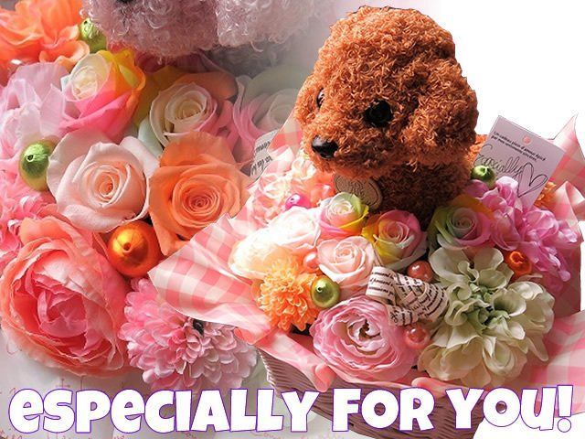 翌日配送~ プードル ぬいぐるみ入り 花束風 ギフト レインボーローズ プリザーブドフラワー入り ケース付き