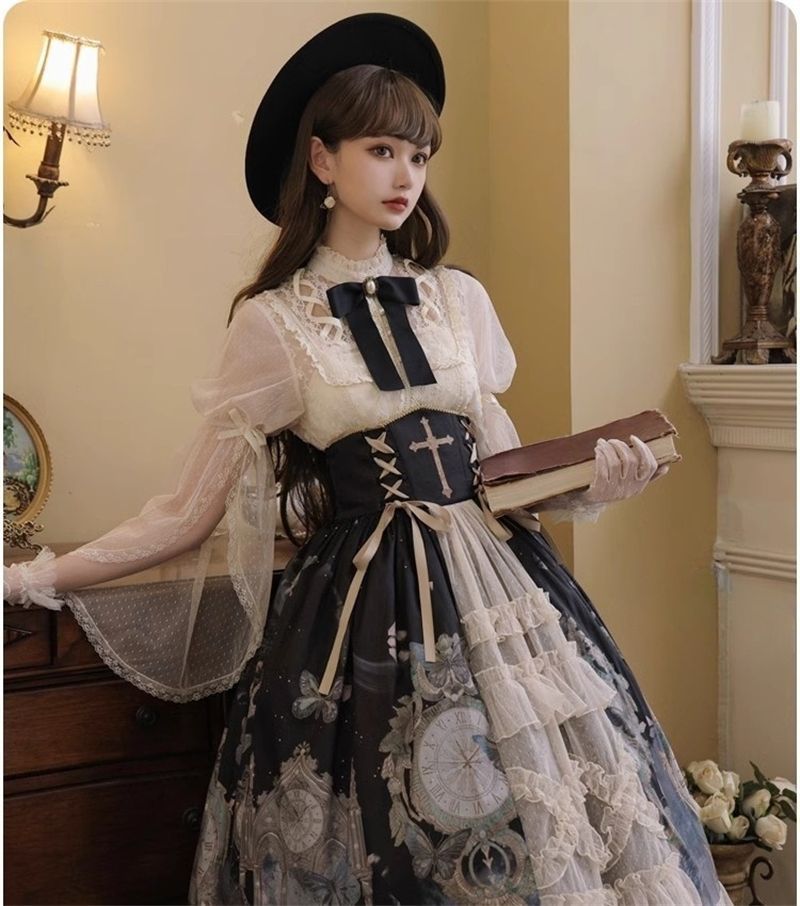 黒ゴスロリセット ワンピース＋パニエ＋ヘッドドレスMサイズ 英国