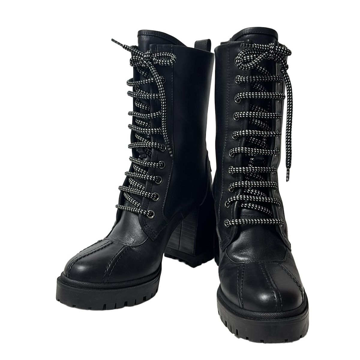 FURLA フルラ ブーツ 37 レディース - 黒 レースアップ レザー