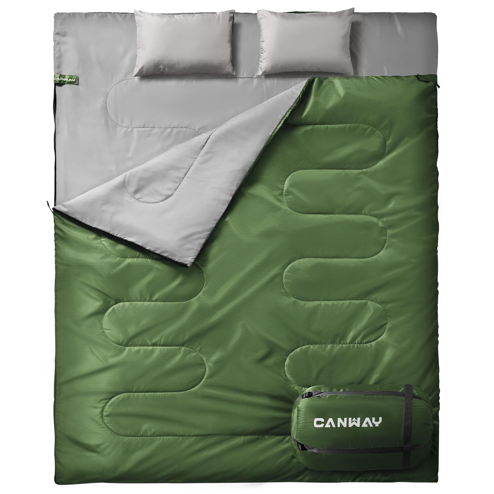 Color 新モデル グリーン CANWAY 寝袋 2人用 防水シュラフ スリーピングバッグ 封筒型 キャンプ 連結解体 車中泊 防災用 自宅用 避難用 コンパクト 最低温度0度 枕2つ 収納パック付 グリーン
