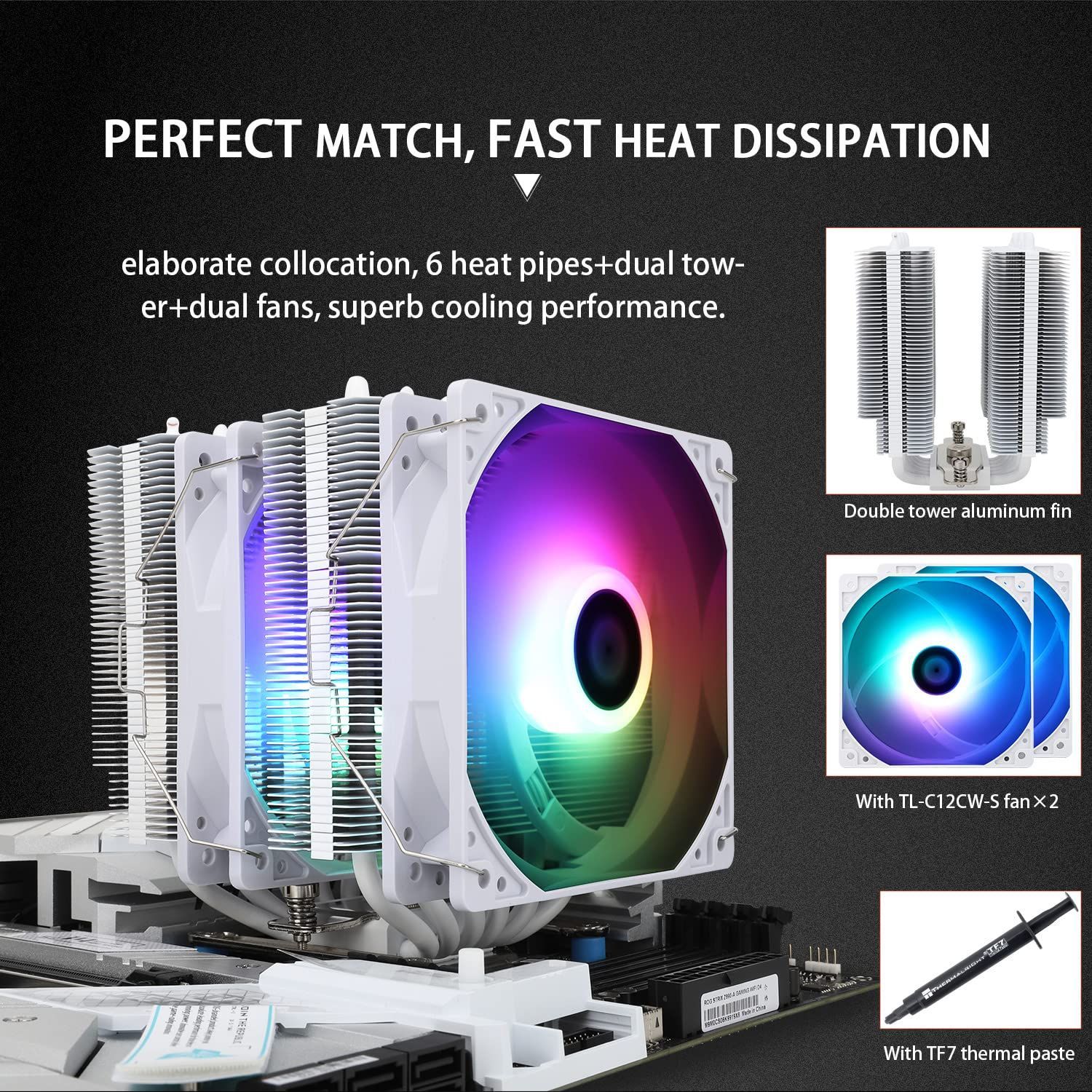 Thermalright Peerless Assassin 120 SE WHITE ARGBホワイトCPUエアクーラー、PA120 SE WHITE ARGBホワイト、6本のホットパイプCPUヒートシンク、ダブル120 mm TL-C12CW-