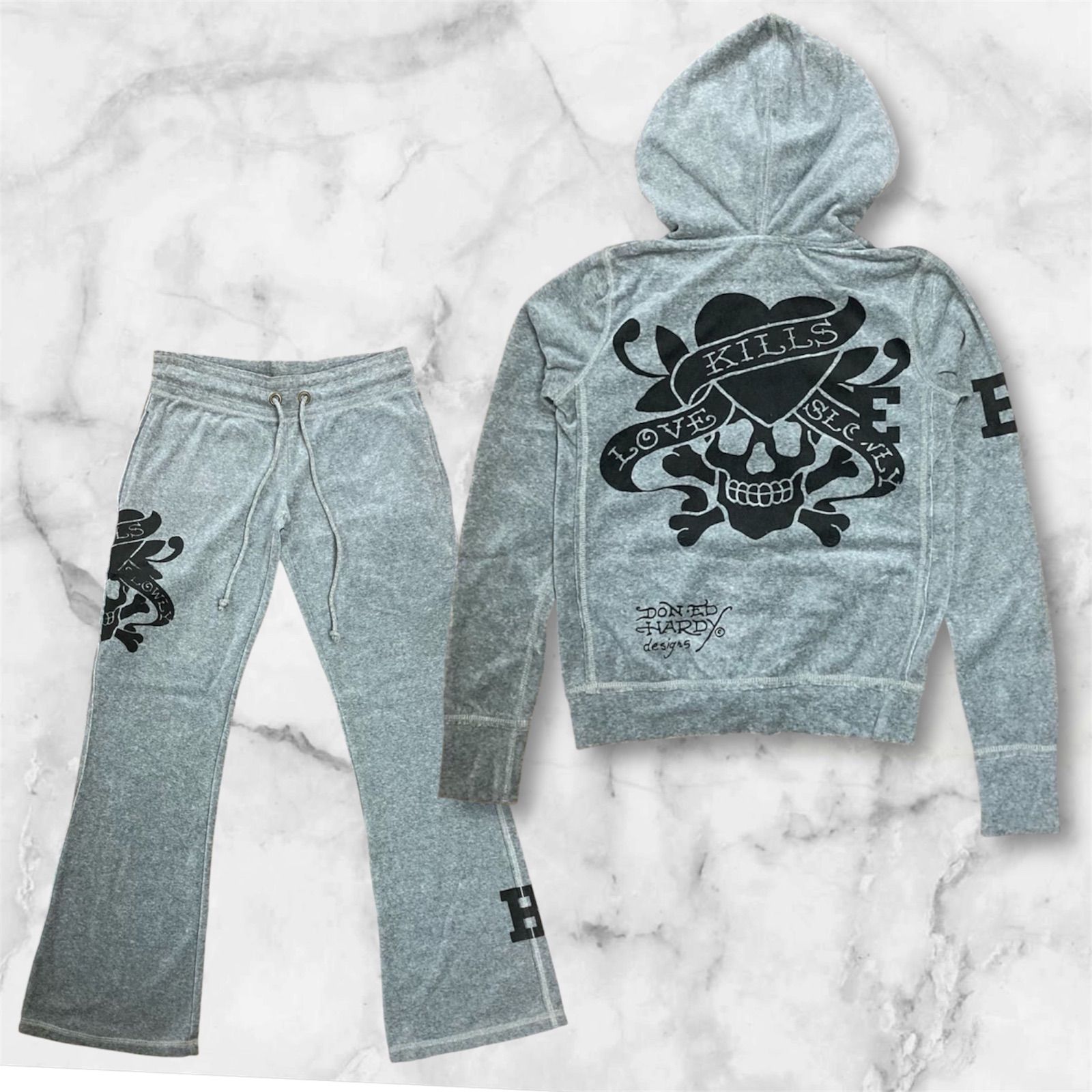 ED HARDY エドハーディ LOVE KILL ベロア パーカー セットアップ ダブルジップ レディース シルバー XSサイズ