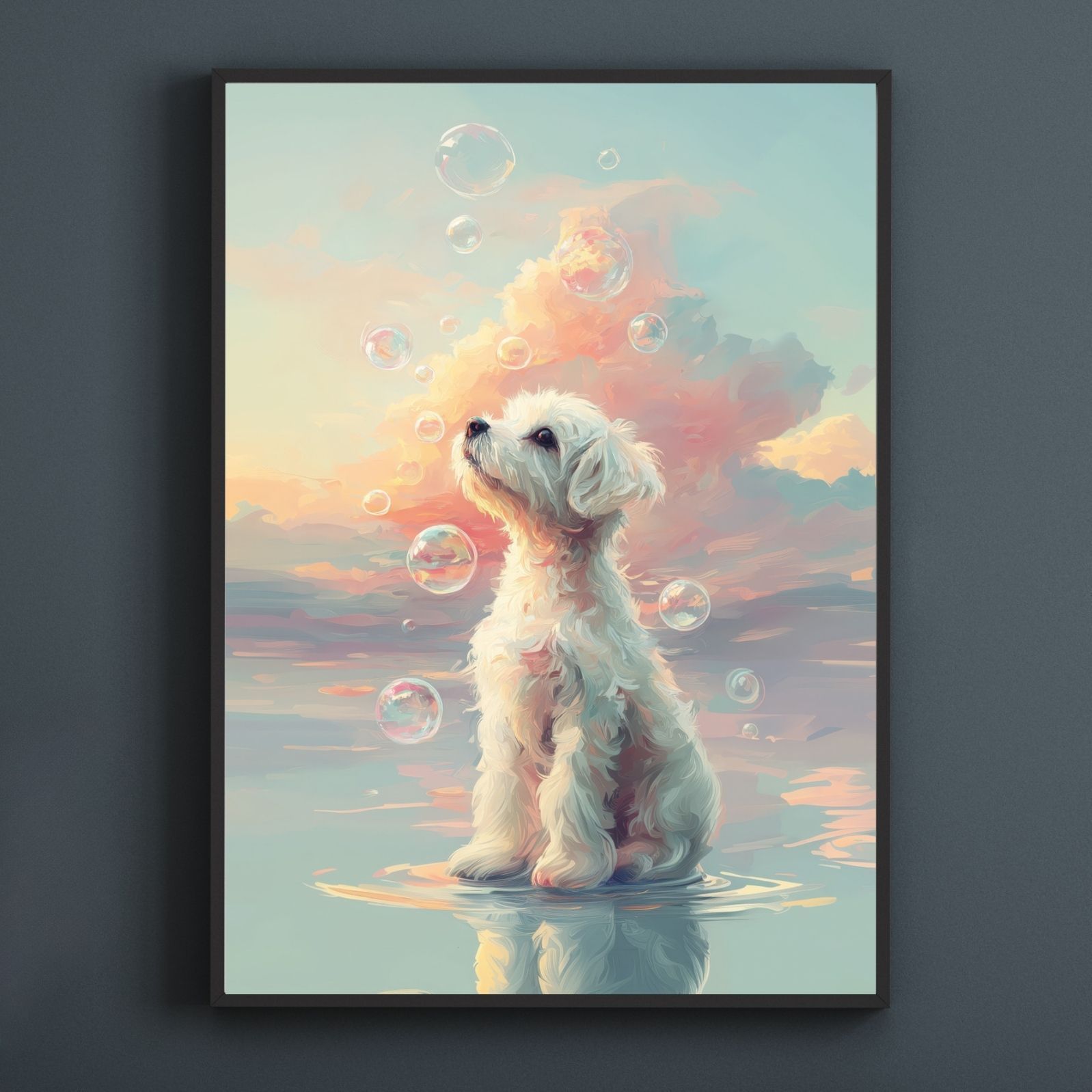 名入れOK 犬とシャボン玉 - マルチーズ犬 No.1 アートポスター うちの子記念日 ペットロス 北欧 ナチュラル