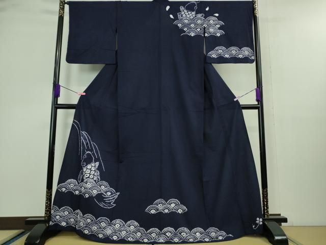 平和屋着物■極上　夏物　浴衣　有松鳴海絞り　鯉の滝登り　青海波　濃紺地　綿　逸品　DZAA9858kh5 平和屋着物□極上 夏物 浴衣 有松鳴海絞り 鯉の滝登り 青海波 濃紺地