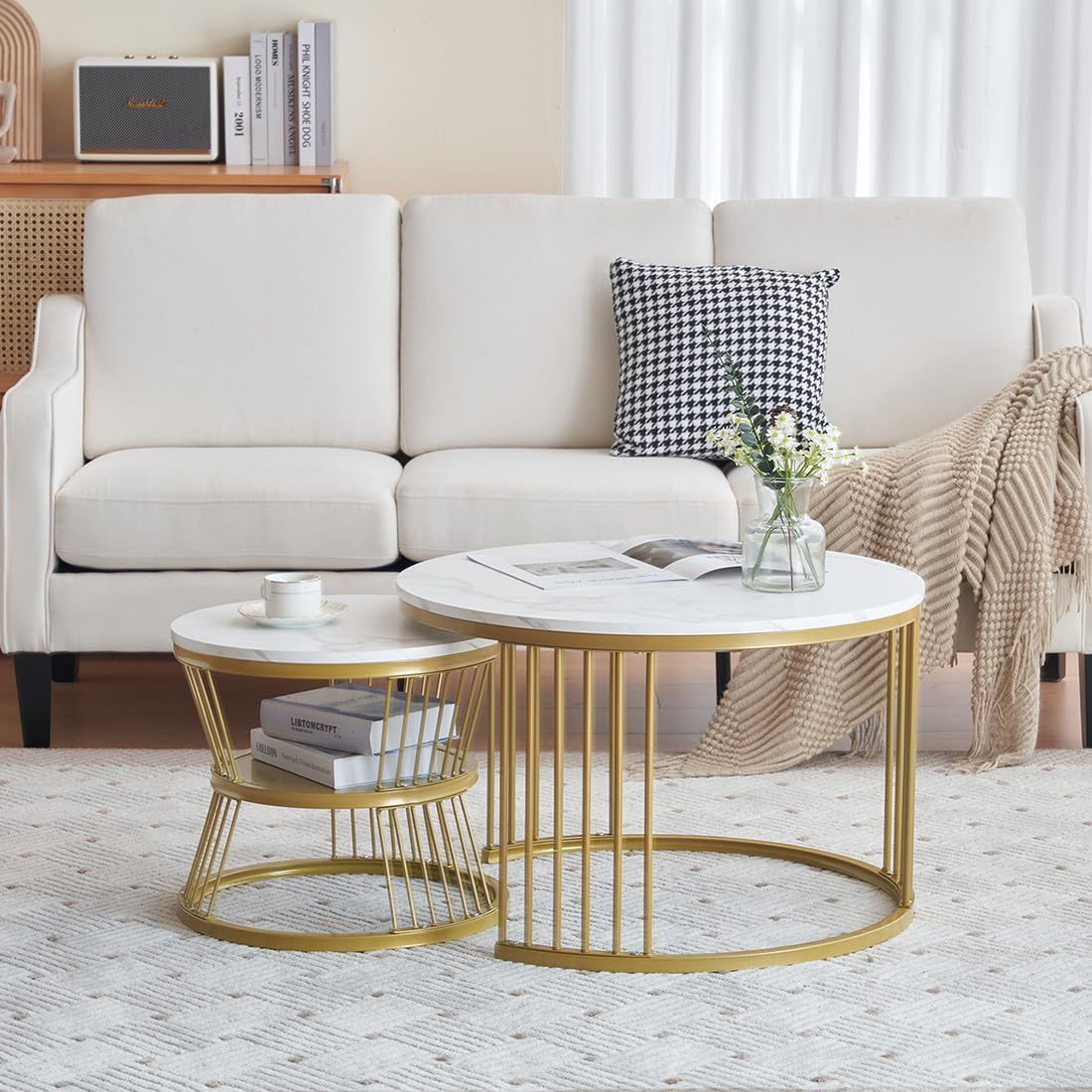 大理石柄 金属フレーム 大理石調 おしゃれ シンプル 簡単組立 丸テーブル モダン ソファーテーブル コーヒーテーブル 北欧風 リビングテーブル センターテーブル 丸型 円形 収納棚付き 大 直径70cm 2個セット 小 直径45cm テ