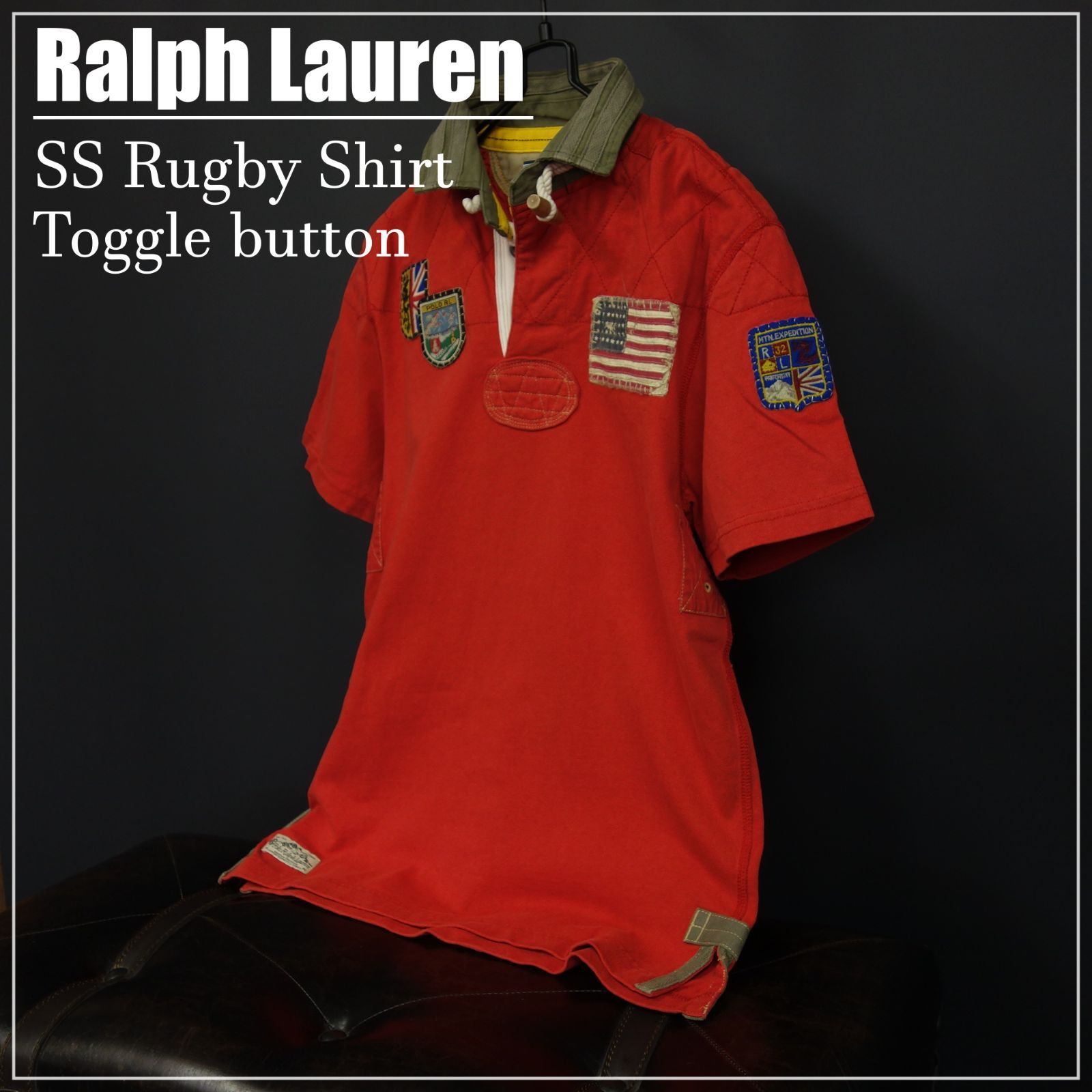 90s～ Vintage US古着Ralph Lauren ラルフローレン 半袖ラグビーシャツ トグルボタン 星条旗 ワッペン SIZE S レッド 90's 90年代 人気希少アイテム