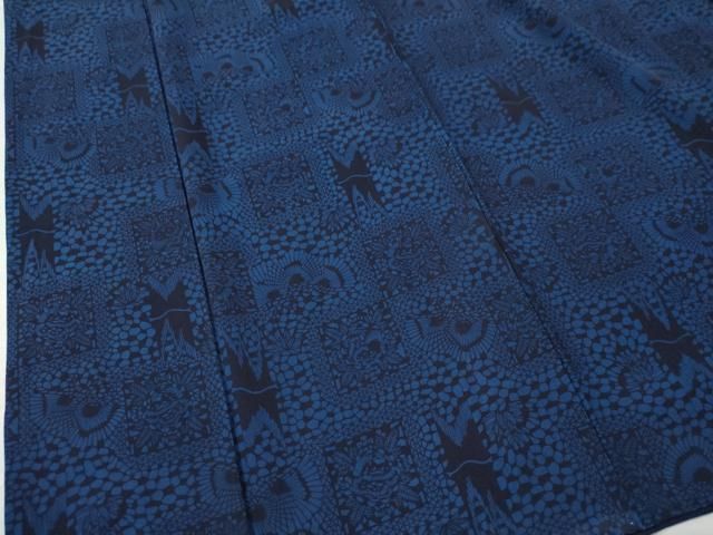 平和屋着物●上質な小紋　藍　型染め　色紙吉祥草花文　正絹　逸品　CAAU1791yc 平和屋着物○上質な小紋 藍 型染め 色紙吉祥草花文 正絹 逸品