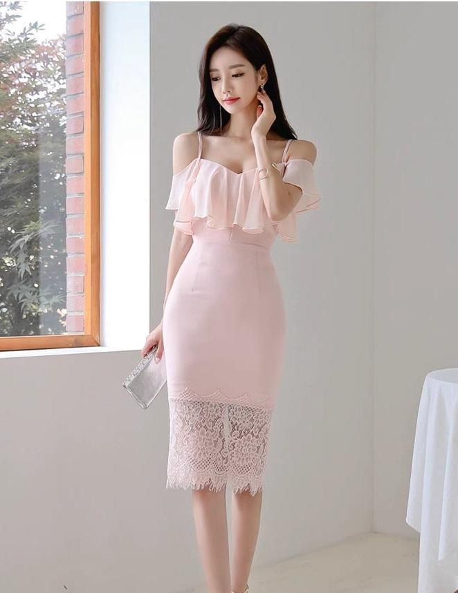 イブニングドレス レース 花柄レース オフショルダー ひざ丈