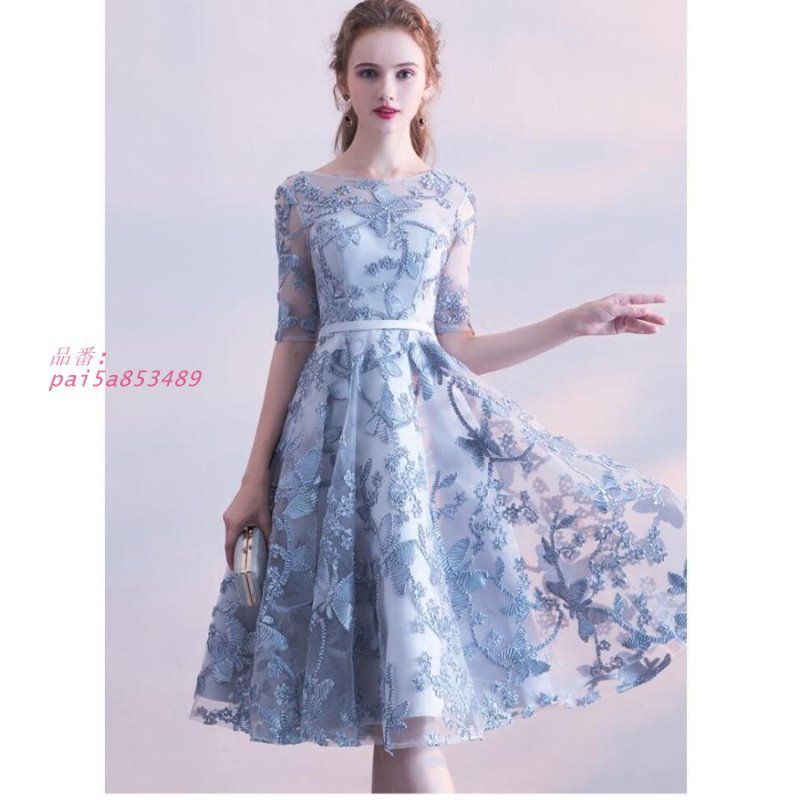 Aライン 袖あり パーティードレス ミモレドレス 結婚式 ドレス 二次会 お食事会 女子会 お呼ばれ 発表会 大きいサイズ ウエディングドレス 同窓会 ワンピース pai5a853489