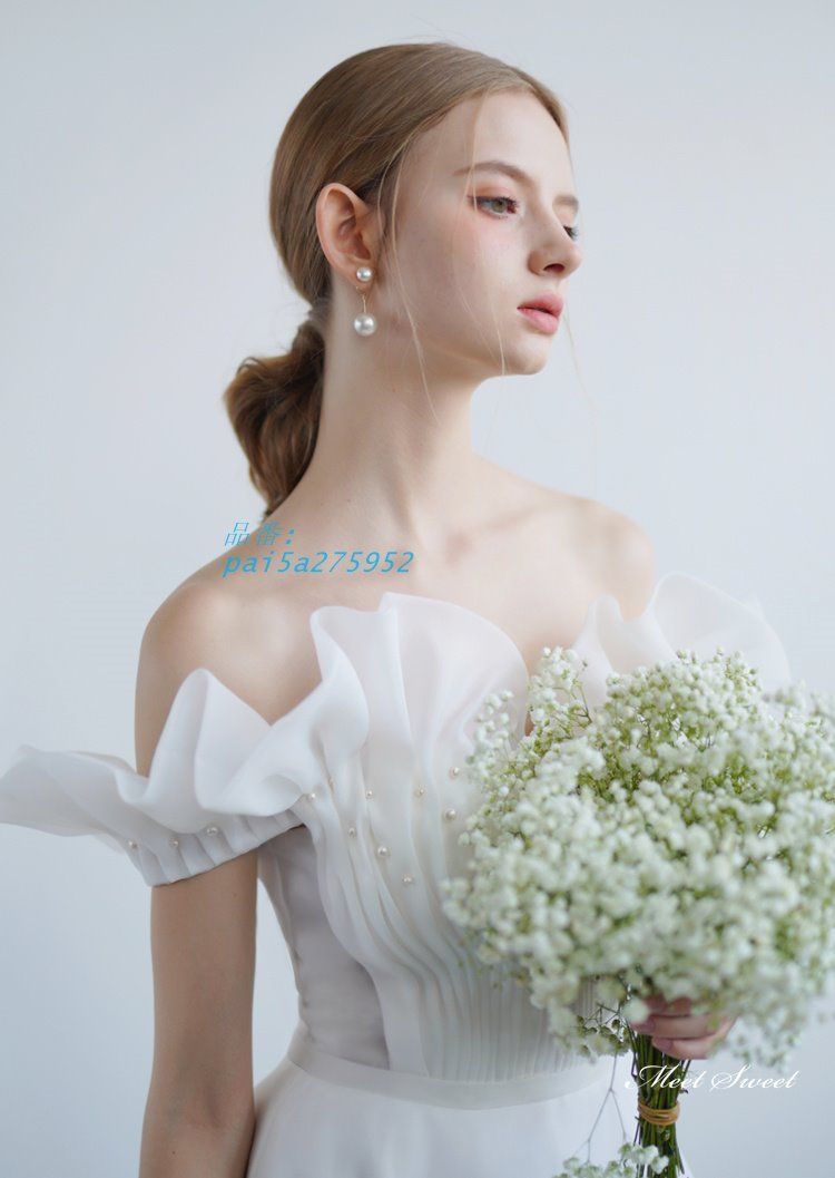 ウェディングドレス ロングドレス Aラインドレス ホワイト米 オーガンジー 編み上げ 結婚式 花嫁 ウエディングドレス ブライダル フリル 前撮り 二次会 pai5a275952