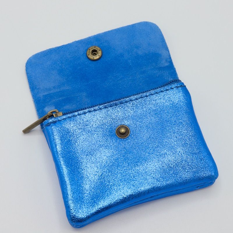小銭入れ ブルー イタリア製 本革 コインケース カードケース 青色 メタリック