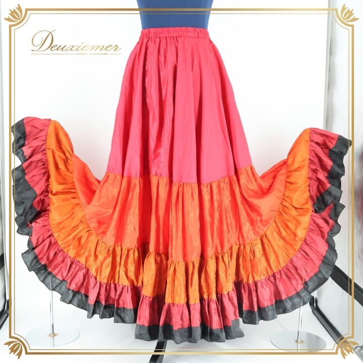 ベリーダンス 衣装 ジプシー スカート バーヌローサ 25ヤード レッド系 赤 朱色 ロング フリル BANU ROSA グラデーション 舞台 発表会 25ヤード ロングスカート ダンス衣装 カラフル スカート フェスティバル 衣装ダンス ステージ衣装