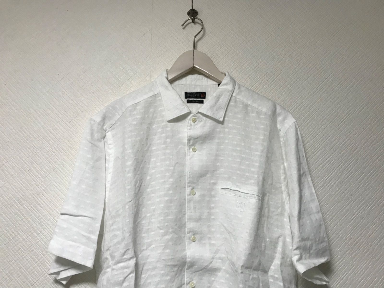 本物コルネリアーニCORNELIANIリネン麻コットン刺繍水玉半袖シャツメンズサーフアメカジミリタリーストリートスケーターワークビジネススーツモードゴルフドレス白ホワイトXLイタリア製43|17