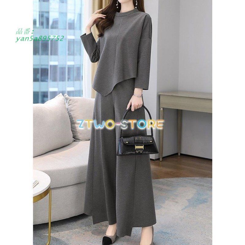 上下セット レディース ツーピース 長袖 アシンメト裾変形 ラウンドネック ワイドレッグパンツ ポケット付き 伸縮性ウエスト スーツ クロップド丈 yan5a895752