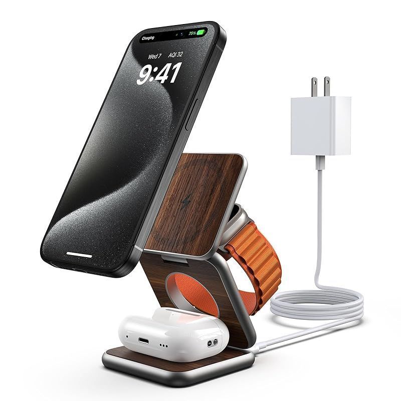 KUXIU X40 ワイヤレス充電器 3in1 Mag-safeスタンド 置くだけ充電 iphone用ワイヤレス充電器 5-15W出力 折り畳み 3台同時充電 iPhone16