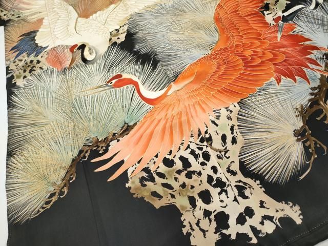 平和屋本店■極上　アンティーク　大正ロマン　中国三大刺繍　相良刺繍　振袖　飛鶴松葉文　黒地　金彩　逸品　CYAA2000s5 平和屋本店□極上 アンティーク 大正ロマン 中国三大刺繍 相良刺繍