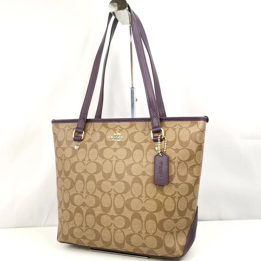 COACH G A-1 コーチ F34603 シグネチャー 総柄 一部 レザー ロゴメタル セミショルダー 肩掛け トートバッグ 婦人鞄