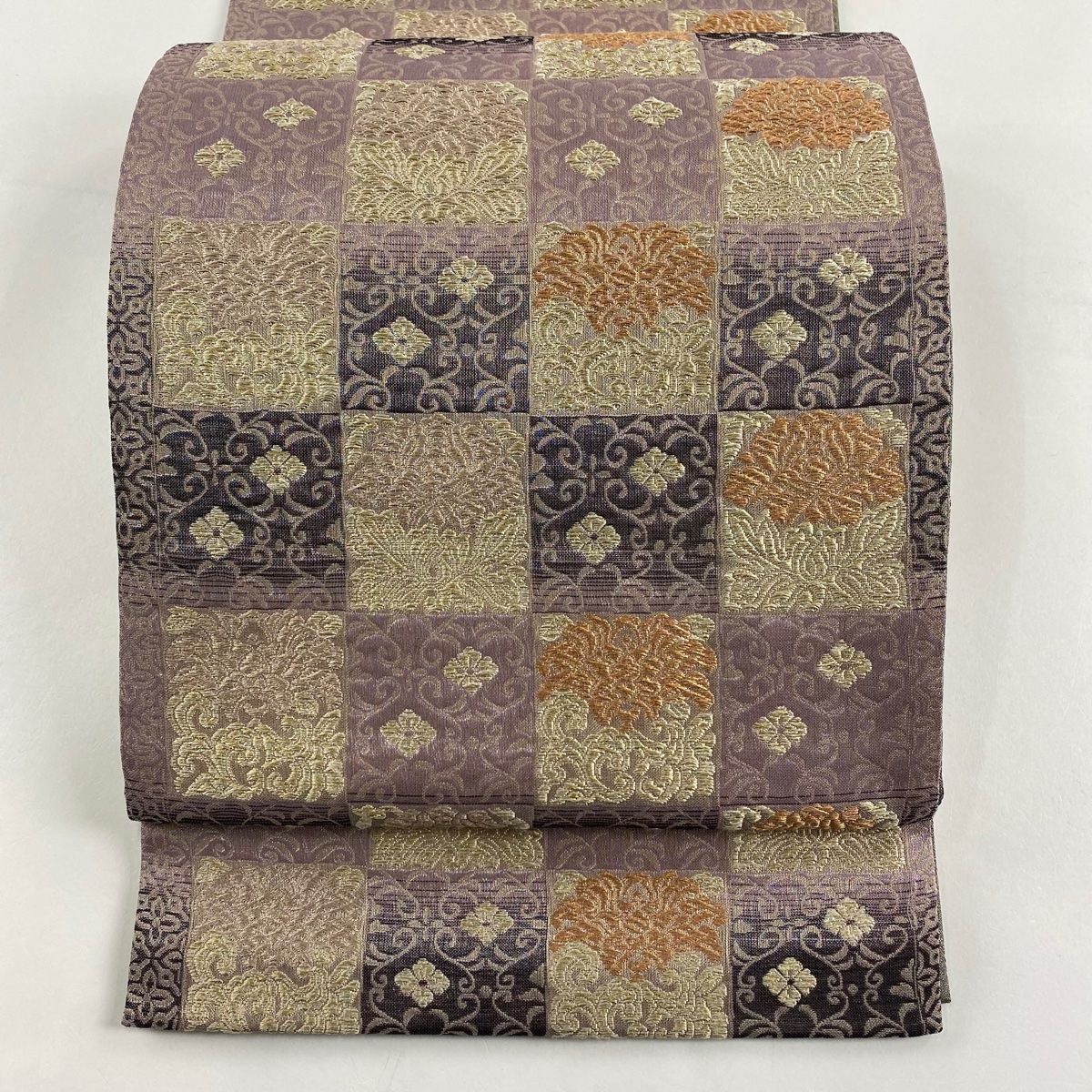袋帯 名品 花唐草 変わり市松 金銀糸 灰紫 六通 正絹