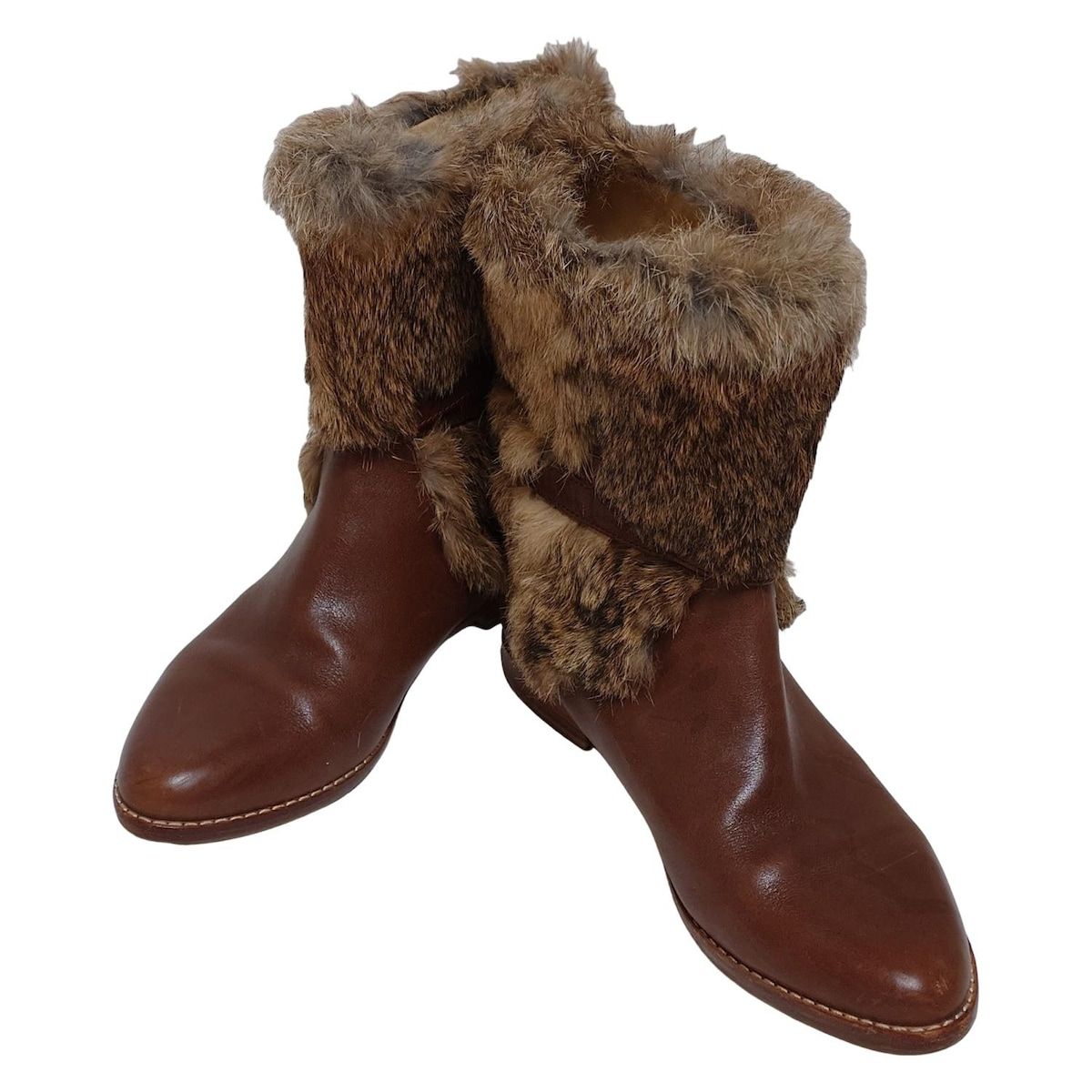 COACH コーチ ショートブーツ 5 1 2 B レディース - ダークブラウン×グレーベージュ レザー ファー