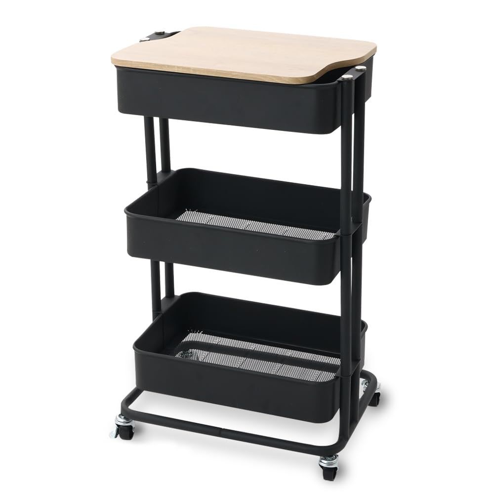 アイリスプラザ キッチンワゴン 調味料ラック バスケットラック 木天板タイプ 収納ワゴン 3段 キャスター付 幅44.5×奥行35×高さ78cm ブラック