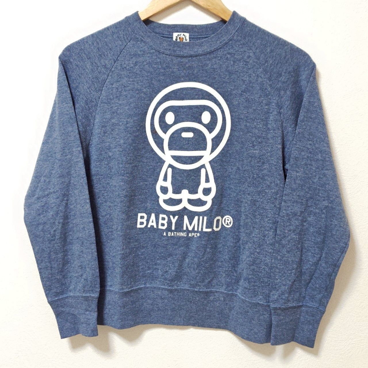 アメカジコーディネートに◎ BABY MILO ベイビーマイロ エイプ 長袖 スウェット トレーナー Tシャツ ロンT クルーネック 杢ブルー 霜降り プリント マスコット 起毛 キッズ 子ども サイズS|M30079ja