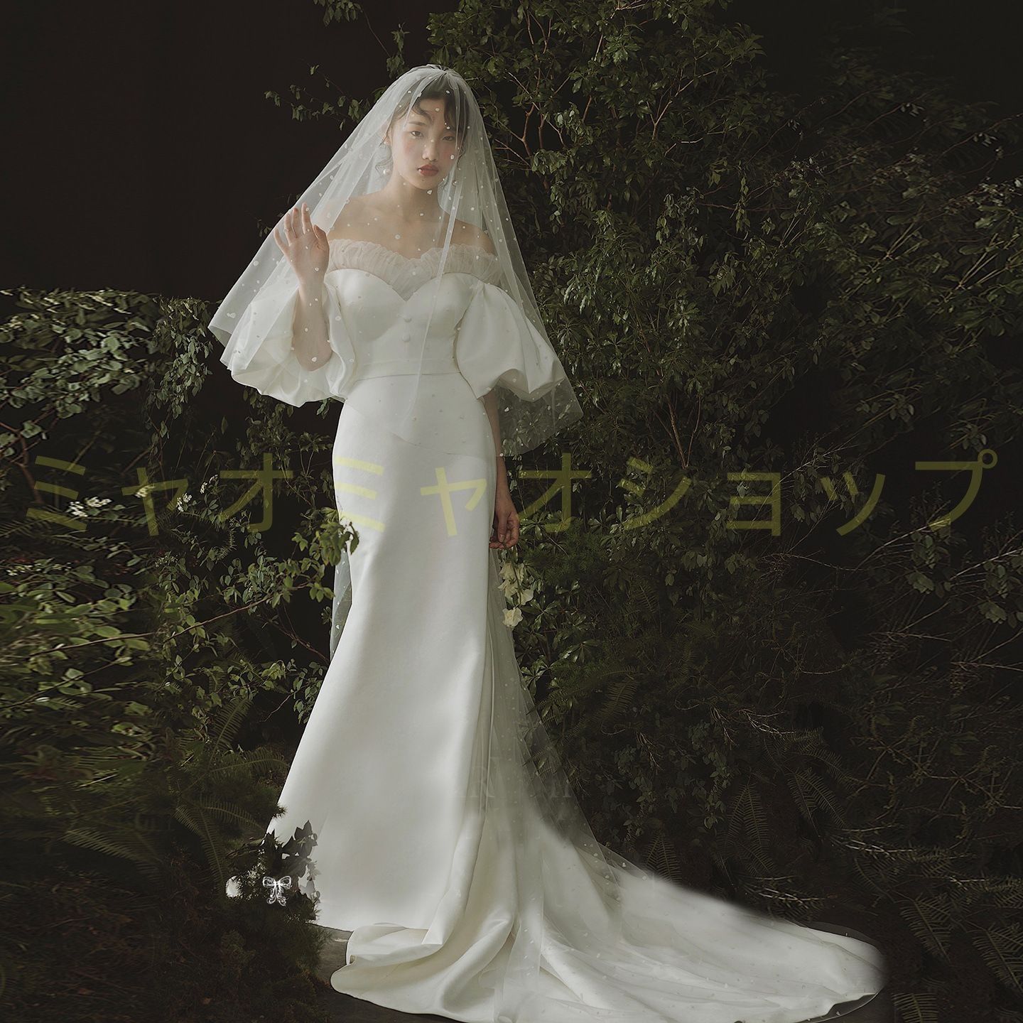 ウェディングドレス白 パーティードレス オフショルダー ロングトレーン 花嫁ロングドレス マーメイド 結婚式 ロング丈 袖付き 七分袖 パフスリーブ 二次会 挙式 1072