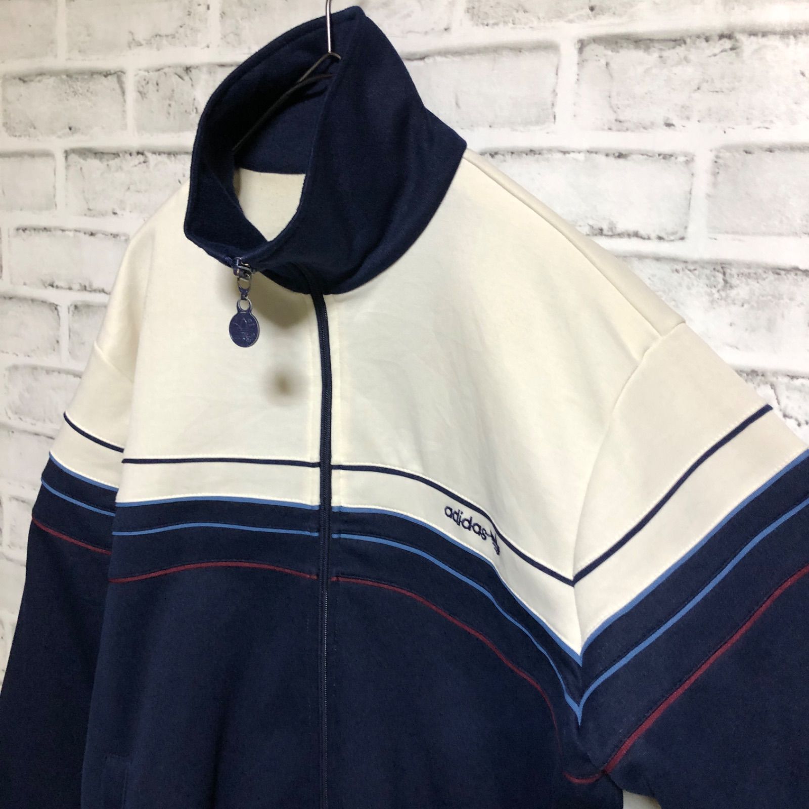 ベージュ×ネイビー　adidas 80s トラックジャケット 希少XL⭐️80s adidas トラックジャケット/ジャージ 刺繍トレ