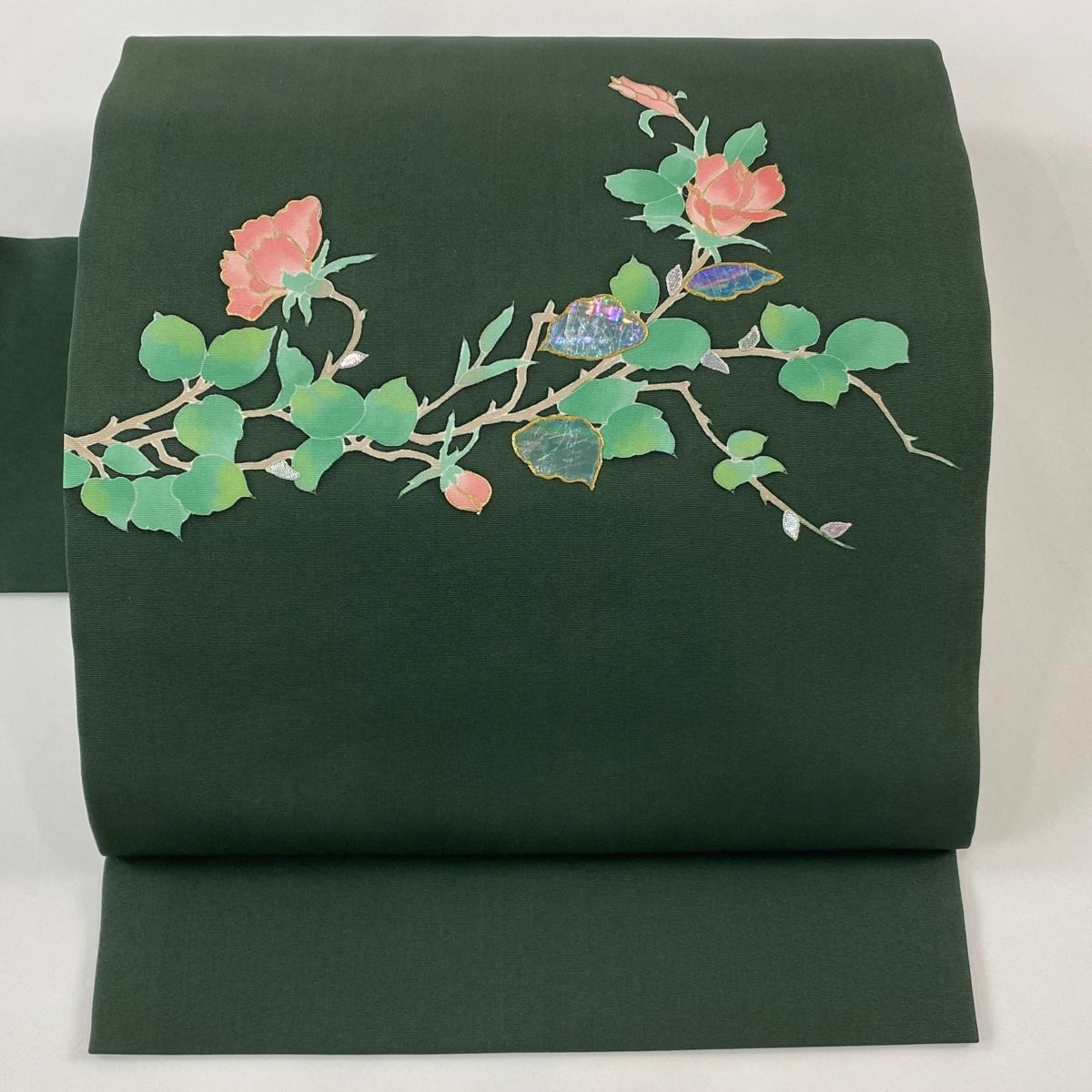名古屋帯 秀品 枝花 螺鈿 箔 深緑 正絹