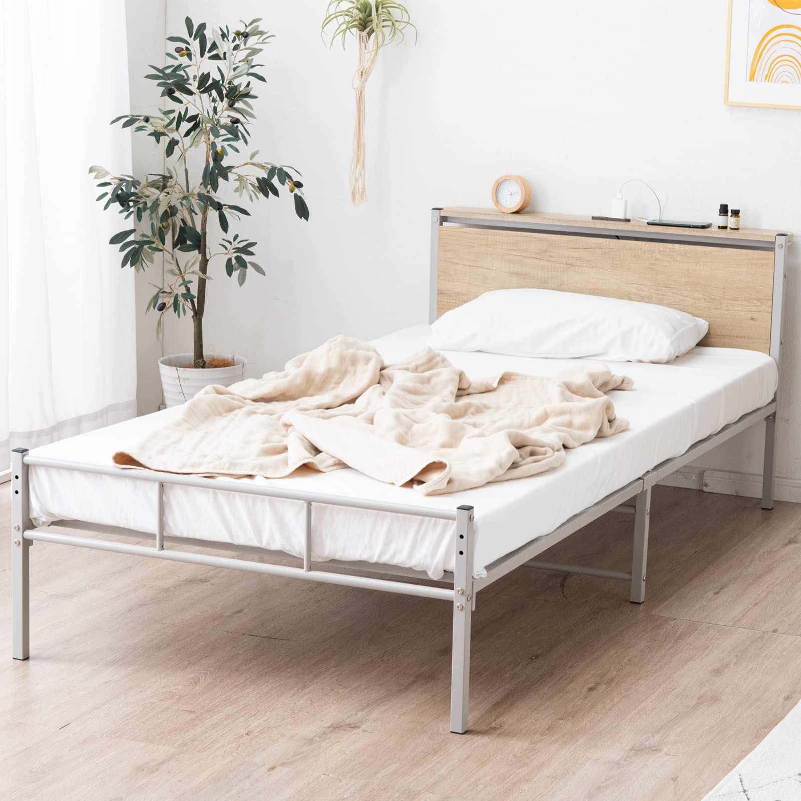 スチール パイプベッド 2口 シングル コンセント 宮付 ベッド 耐荷重