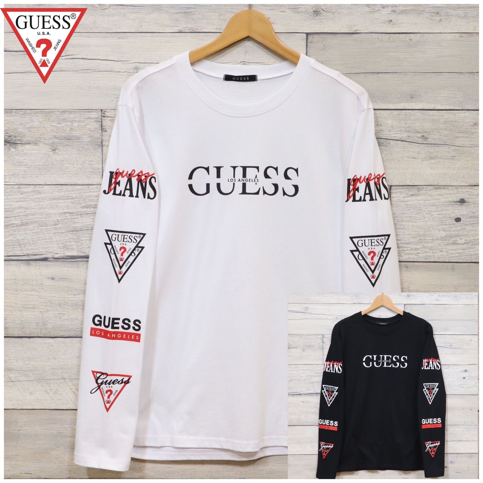 ブルー×レッド GUESS プリント ロンT 長袖 Tシャツ 丸首 ブラック