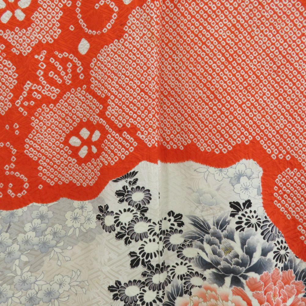 振袖 正絹 オレンジx白 絞り 花々紋様 袷 広衿 成人式 卒業式 舞台