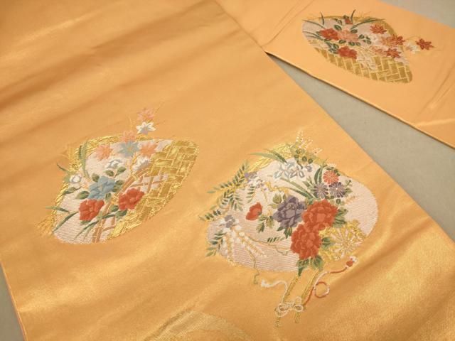京友禅 手描 九寸名古屋帯 唐花文様 金彩 ちりめん 正絹 京友禅 手描 九寸名古屋帯 唐花文様 金彩 ちりめん 正絹