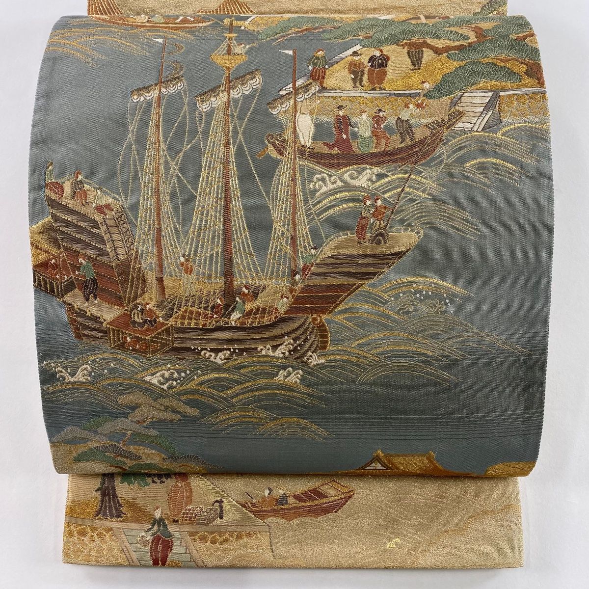 袋帯 秀品 南蛮船 人物 金糸 箔 灰緑 お太鼓柄 正絹
