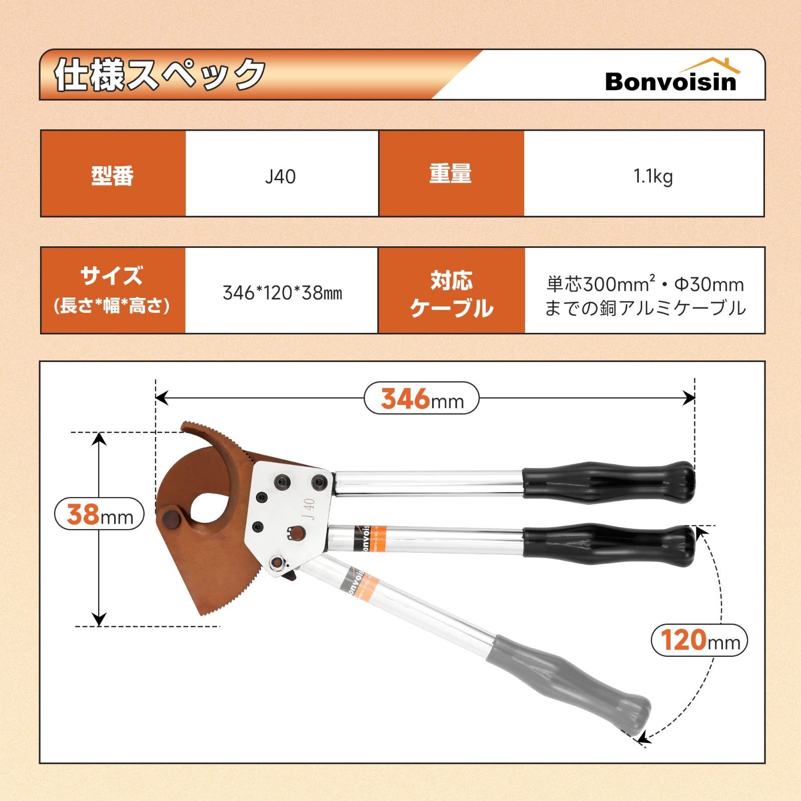 送料無料】Bonvoisin ケーブルカッター ワイヤーカッター ラチェット式