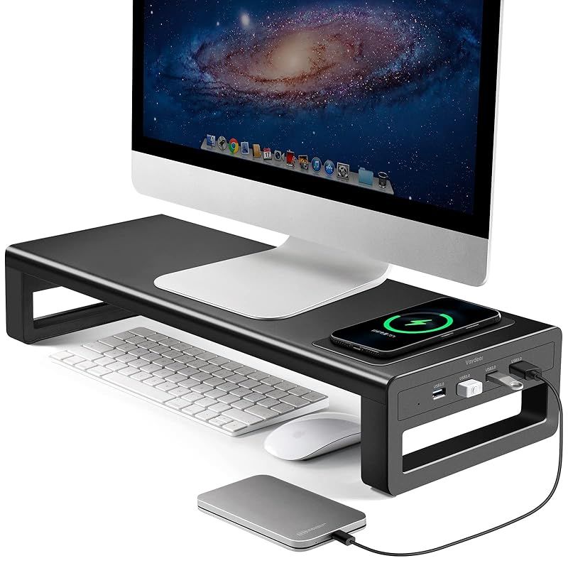 新着商品 VAYDEER モニター台 USB 3.0 ディスプレイ スタンド ワイヤレス充電機能 パソコン 机上台 卓上 高速データ転送 キーボード収納 プリンタ 金属製 ブラック 幅54cm 0